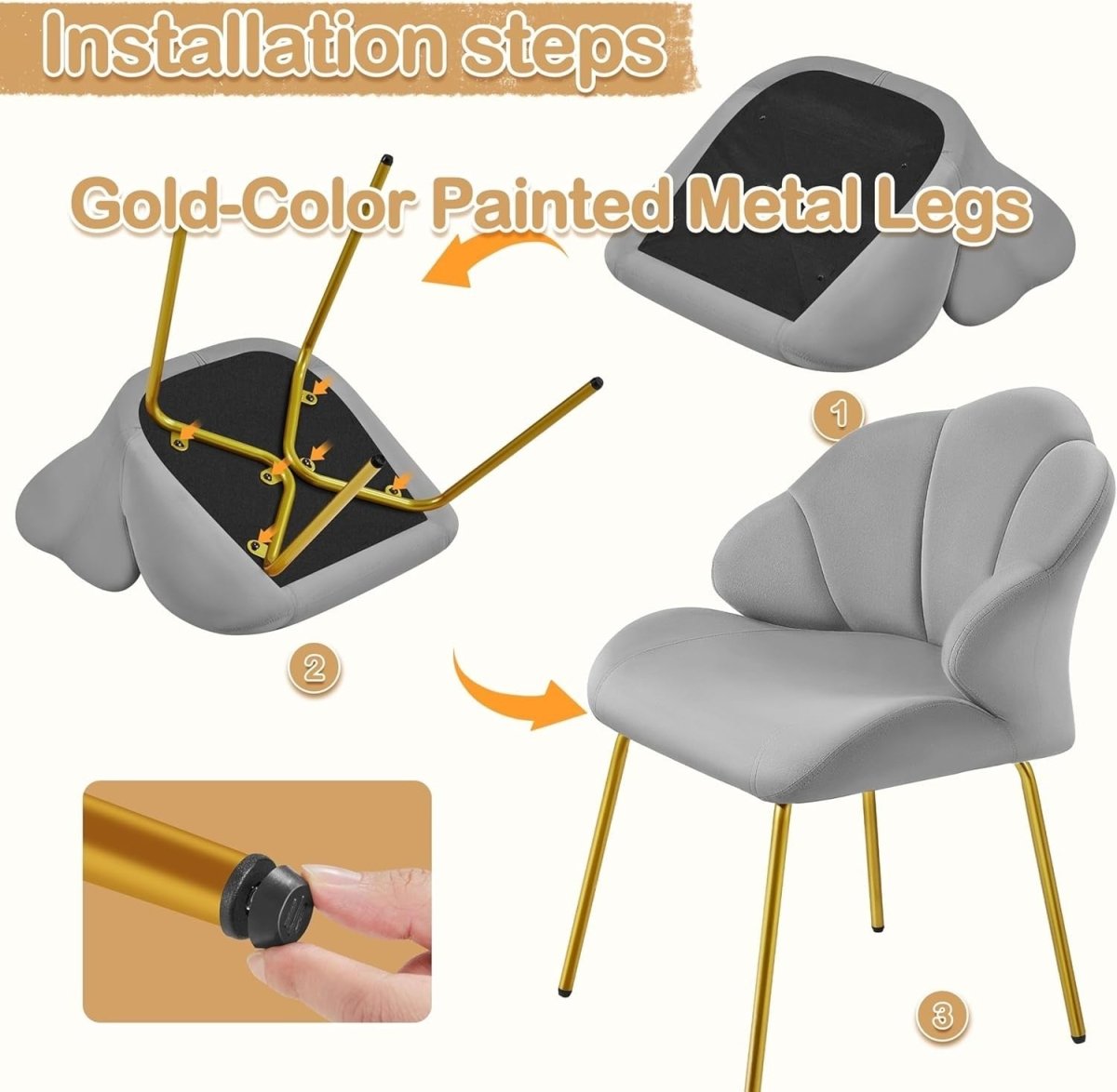 Velvet Accent Chair Shell Back Gold Legs Vanity Lounge Bedroom Grey - Kwikley