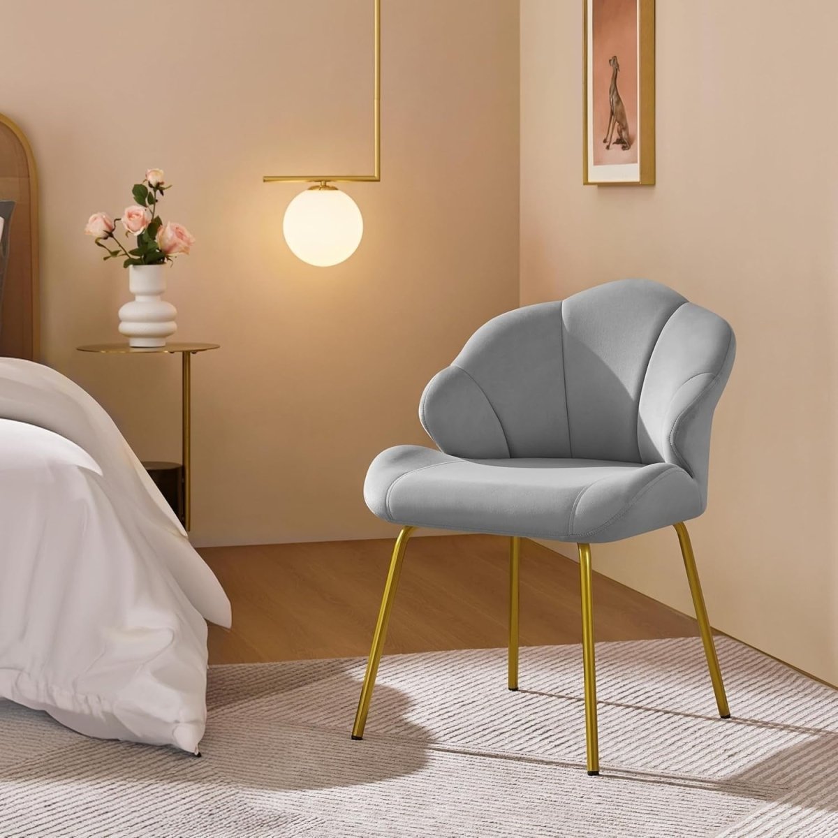 Velvet Accent Chair Shell Back Gold Legs Vanity Lounge Bedroom Grey - Kwikley