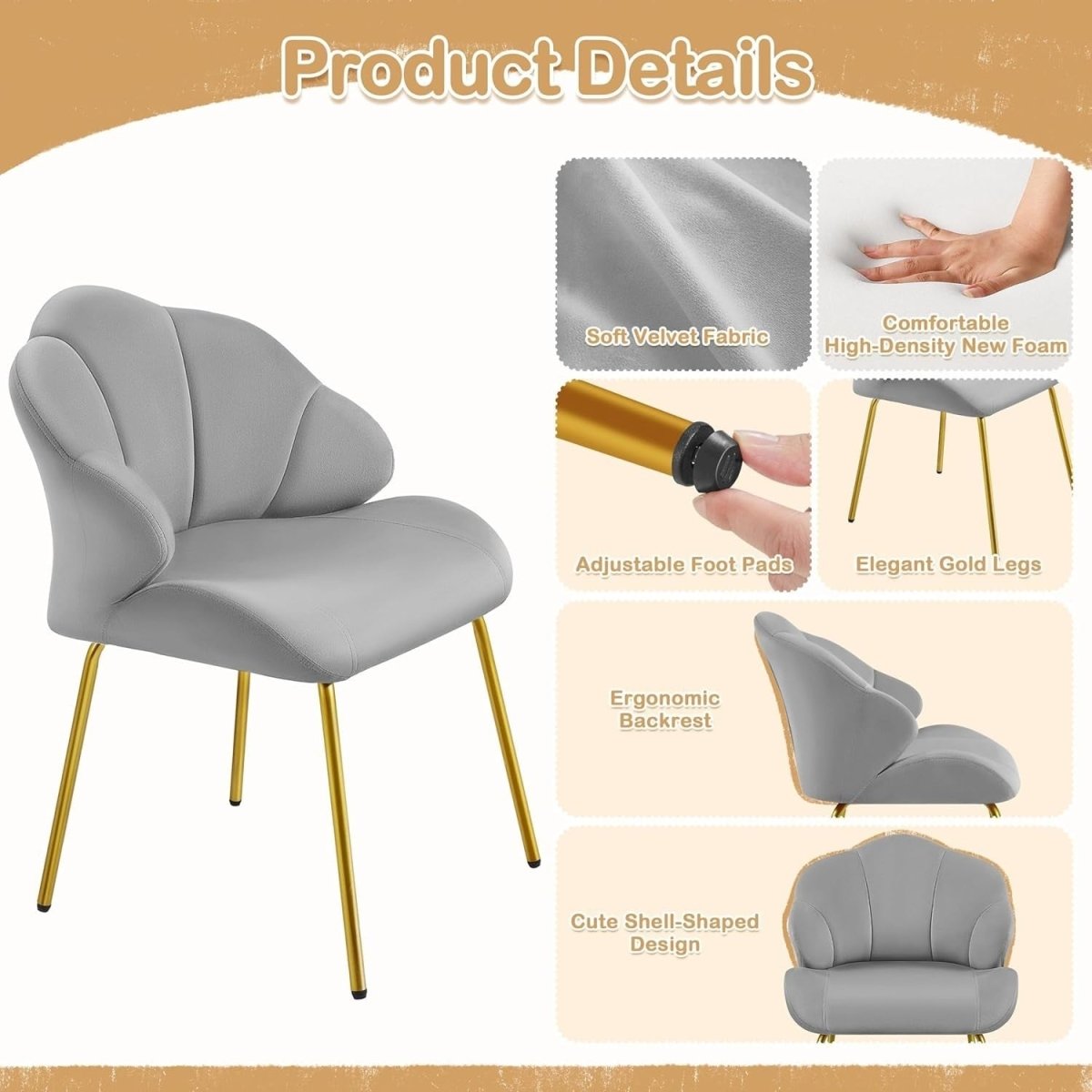 Velvet Accent Chair Shell Back Gold Legs Vanity Lounge Bedroom Grey - Kwikley