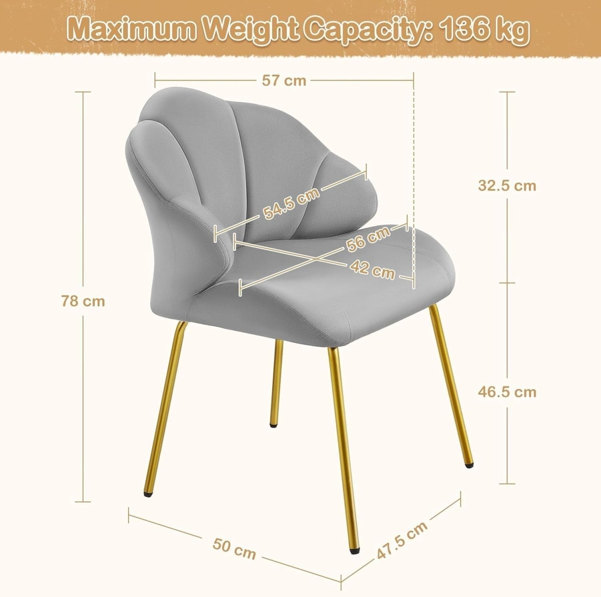 Velvet Accent Chair Shell Back Gold Legs Vanity Lounge Bedroom Grey - Kwikley
