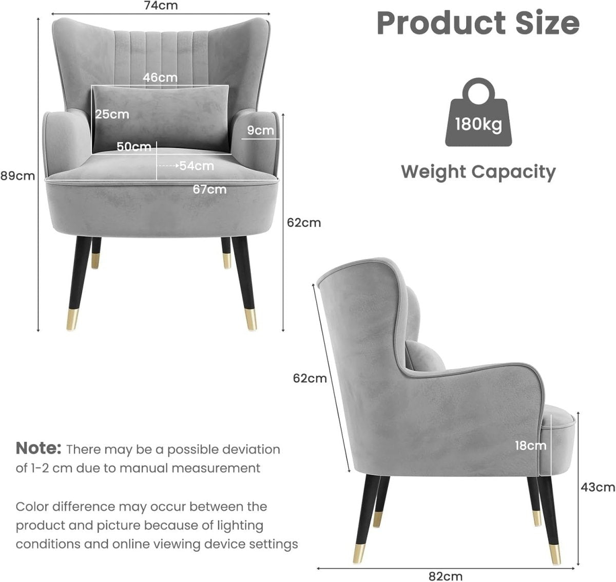 Velvet Accent Chair with Cushion Lounge Armchair for Living Room Office - Kwikley