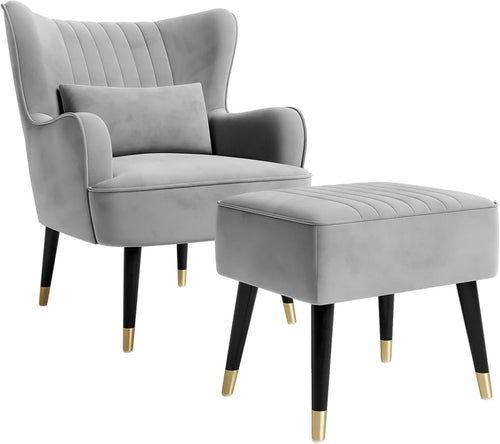 Velvet Accent Chair with Footstool Ottoman – Lounge Armchair for Home - Kwikley