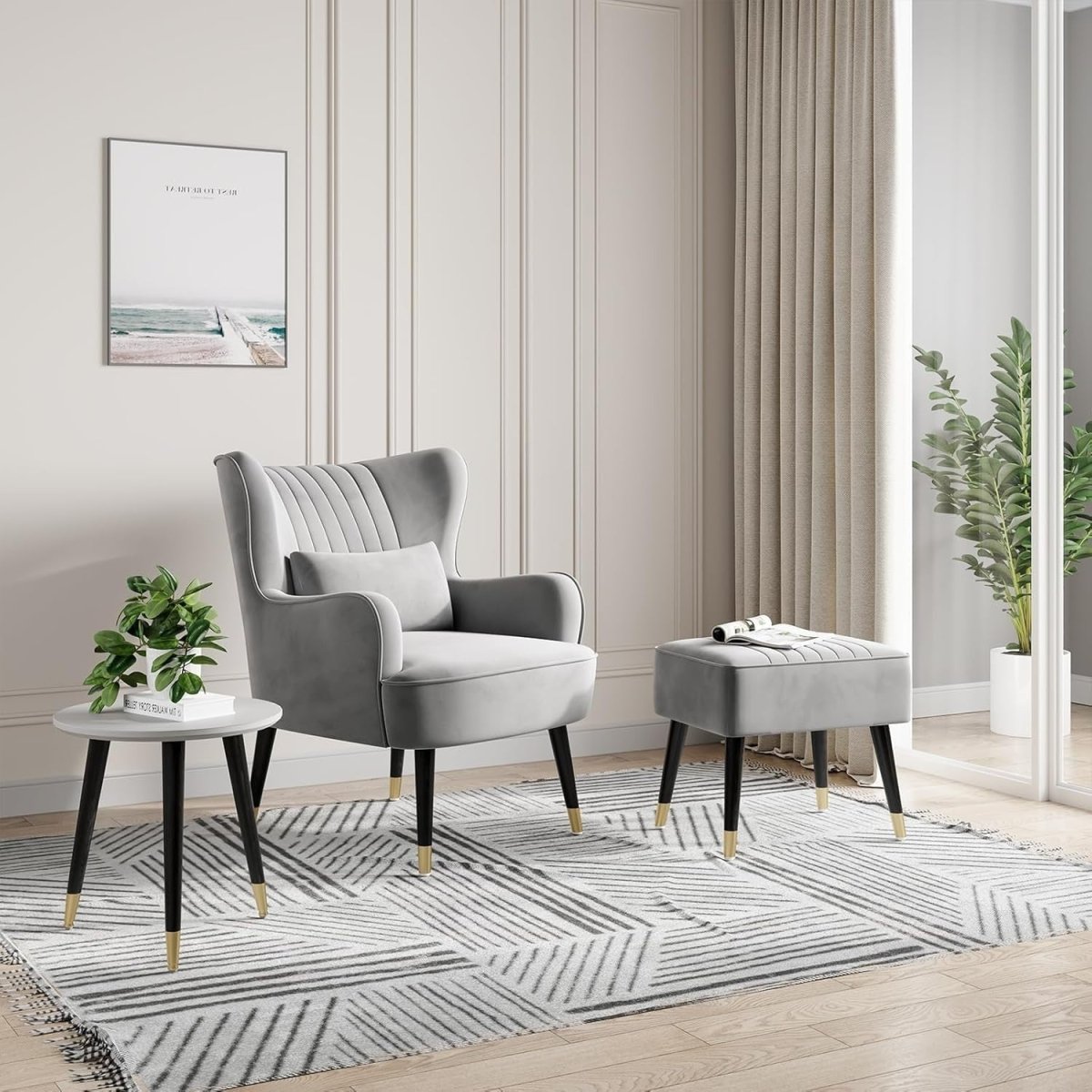 Velvet Accent Chair with Footstool Ottoman – Lounge Armchair for Home - Kwikley