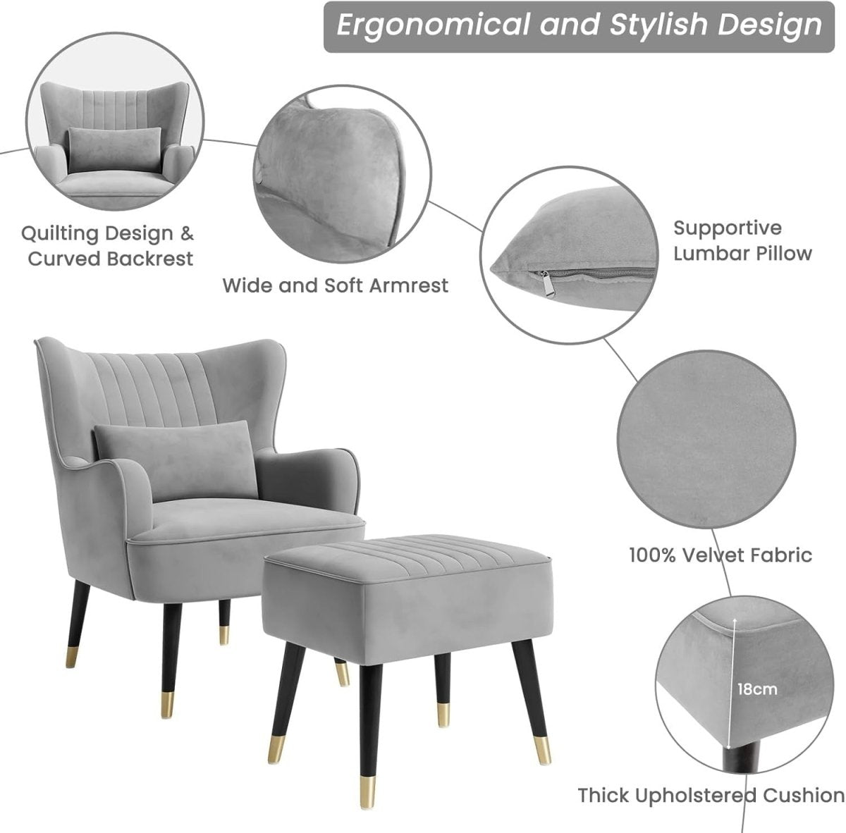 Velvet Accent Chair with Footstool Ottoman – Lounge Armchair for Home - Kwikley
