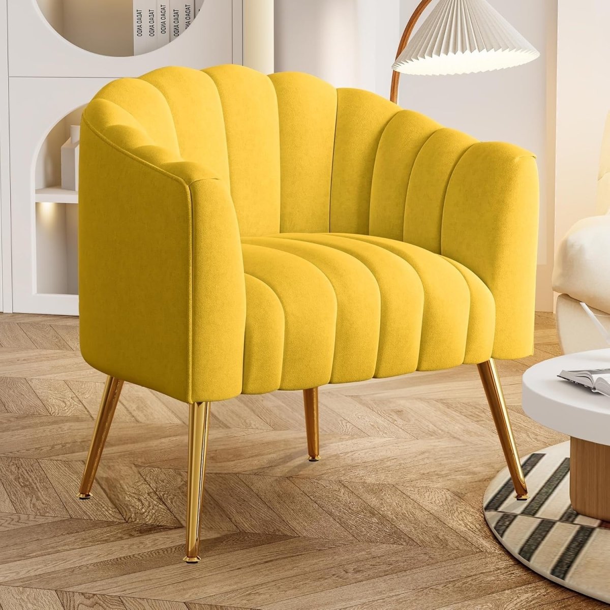 Velvet Barrel Accent Chair Oversized Pumpkin Armchair Gold Legs - Kwikley