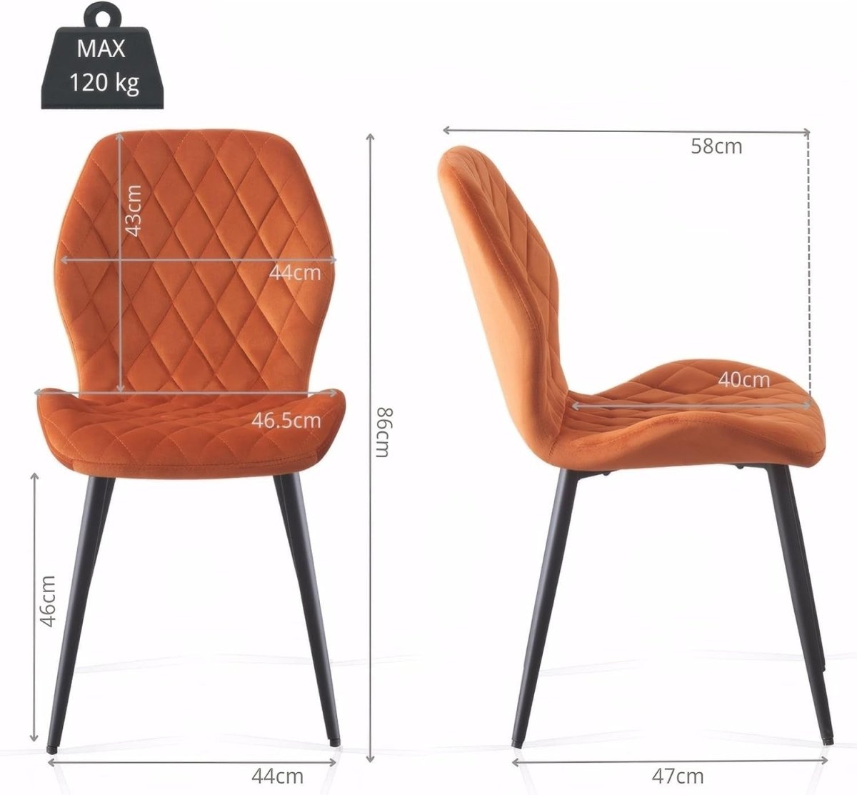 Velvet Dining Chairs Set of 4 Ergonomic Metal Leg Kitchen & Lounge Orange - Kwikley