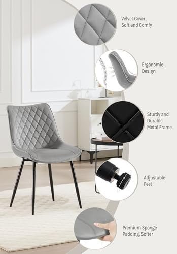 Velvet Dining Chairs Set of 6 Padded Steel Frame Light Grey - Kwikley