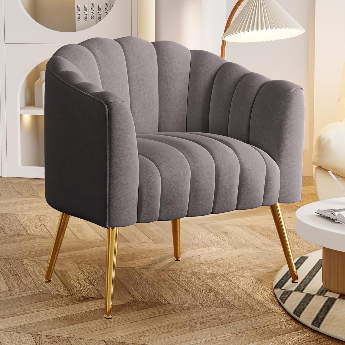 Velvet Pumpkin Accent Chair Oversized Barrel Armchair Gold Legs - Kwikley