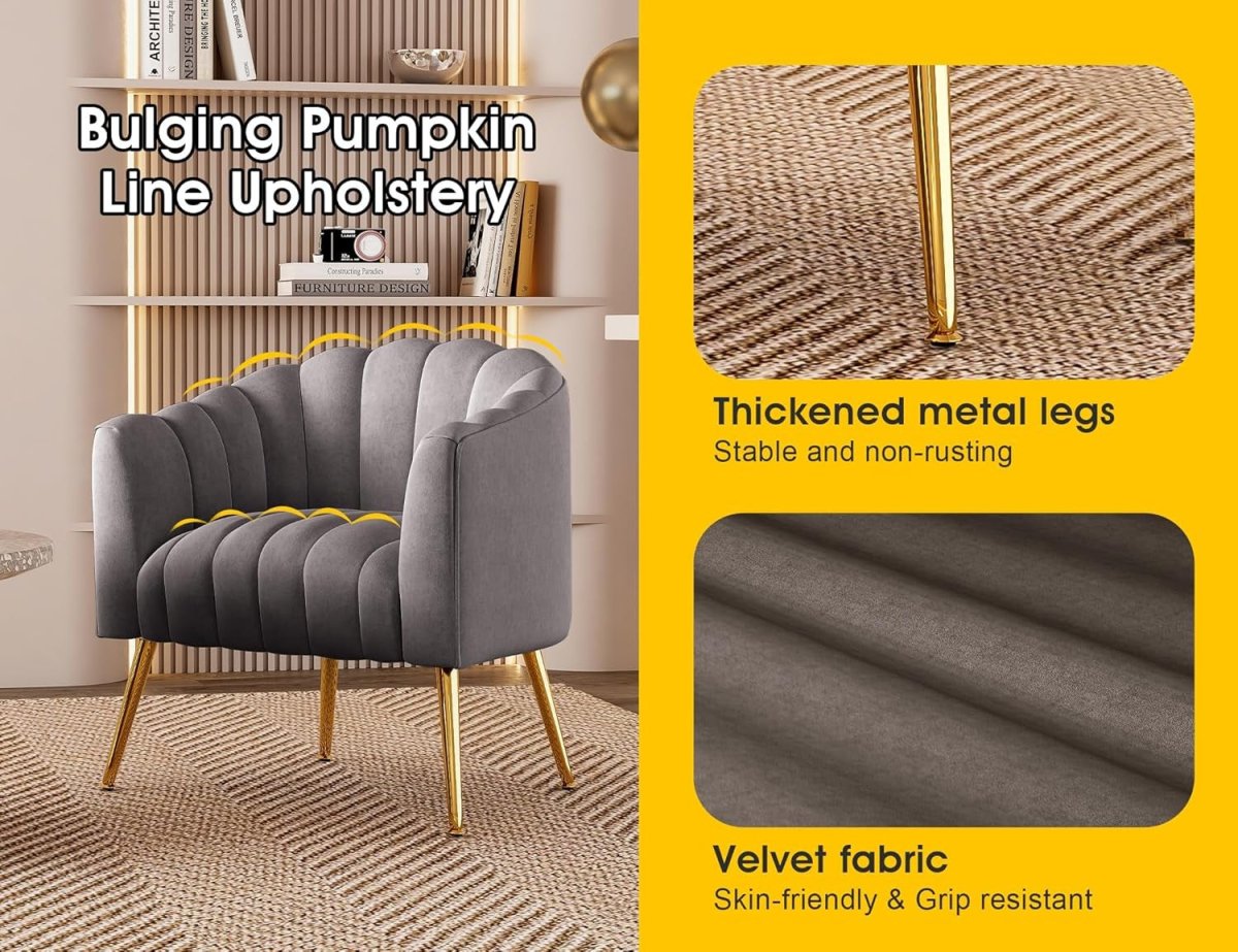 Velvet Pumpkin Accent Chair Oversized Barrel Armchair Gold Legs - Kwikley
