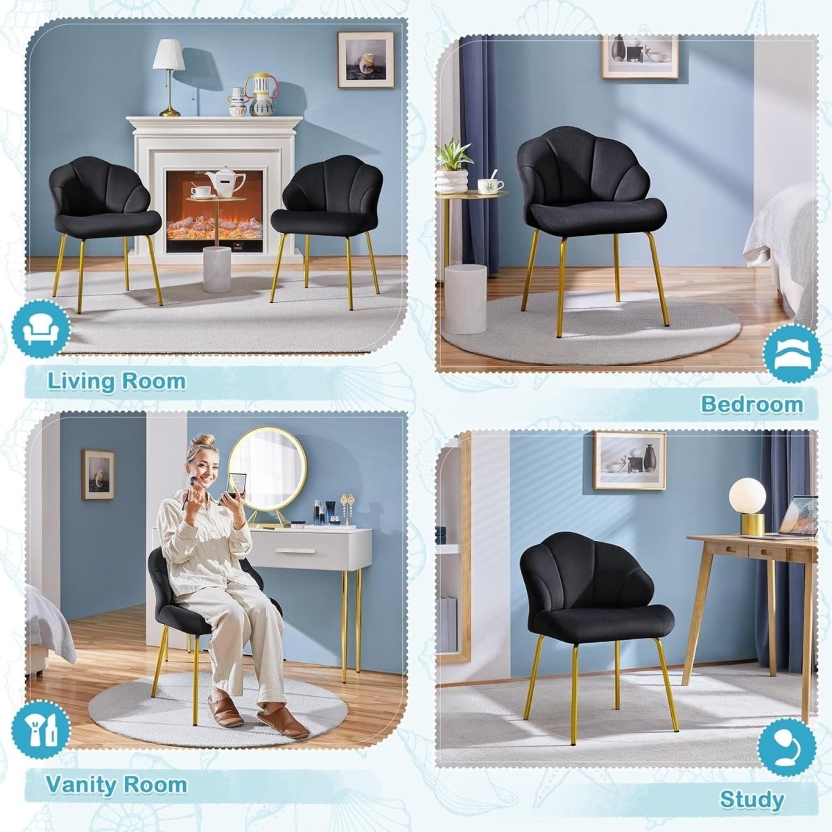 Velvet Shell Accent Chair Gold Legs – Vanity Makeup Tub Seat for Home - Kwikley