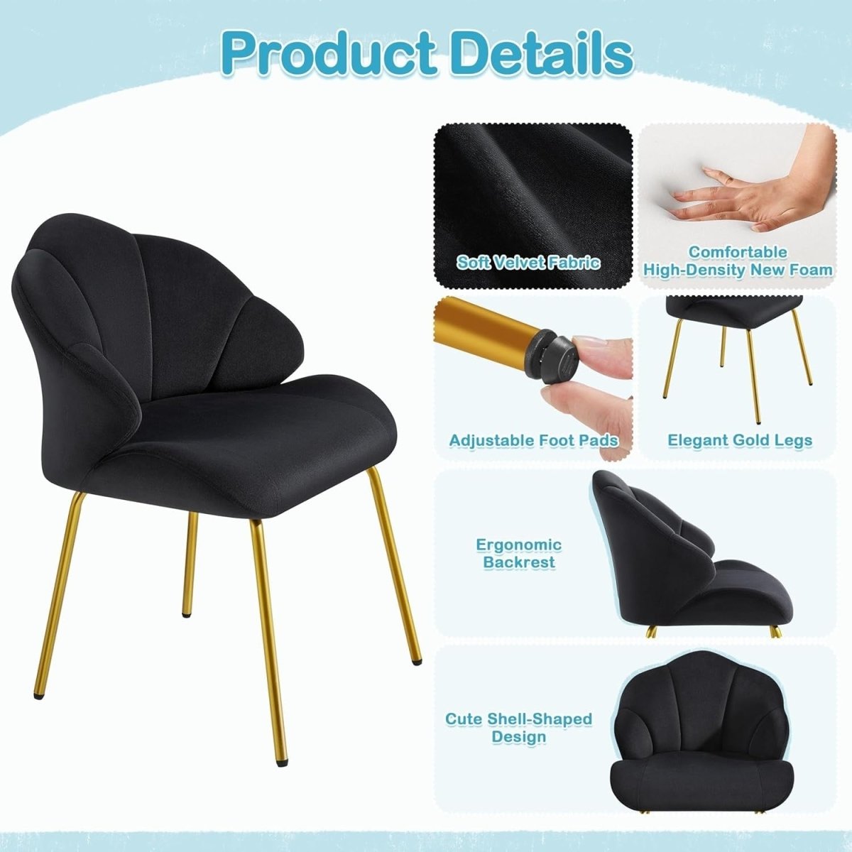 Velvet Shell Accent Chair Gold Legs – Vanity Makeup Tub Seat for Home - Kwikley