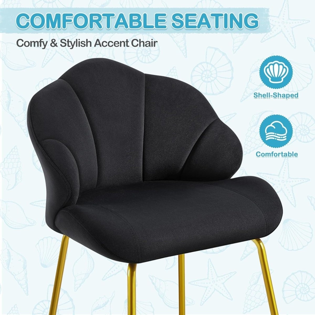 Velvet Shell Accent Chair Gold Legs – Vanity Makeup Tub Seat for Home - Kwikley