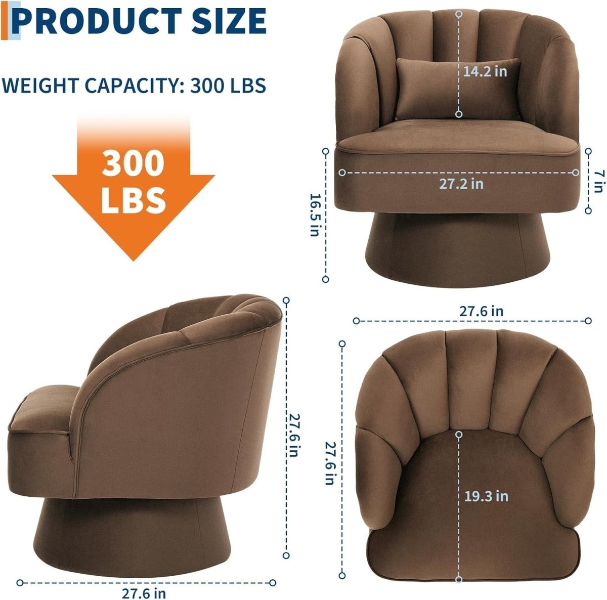 Velvet Swivel Accent Chair 360° Barrel Armchair Coffee Brown - Kwikley