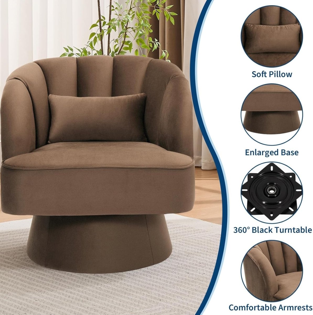 Velvet Swivel Accent Chair 360° Barrel Armchair Coffee Brown - Kwikley