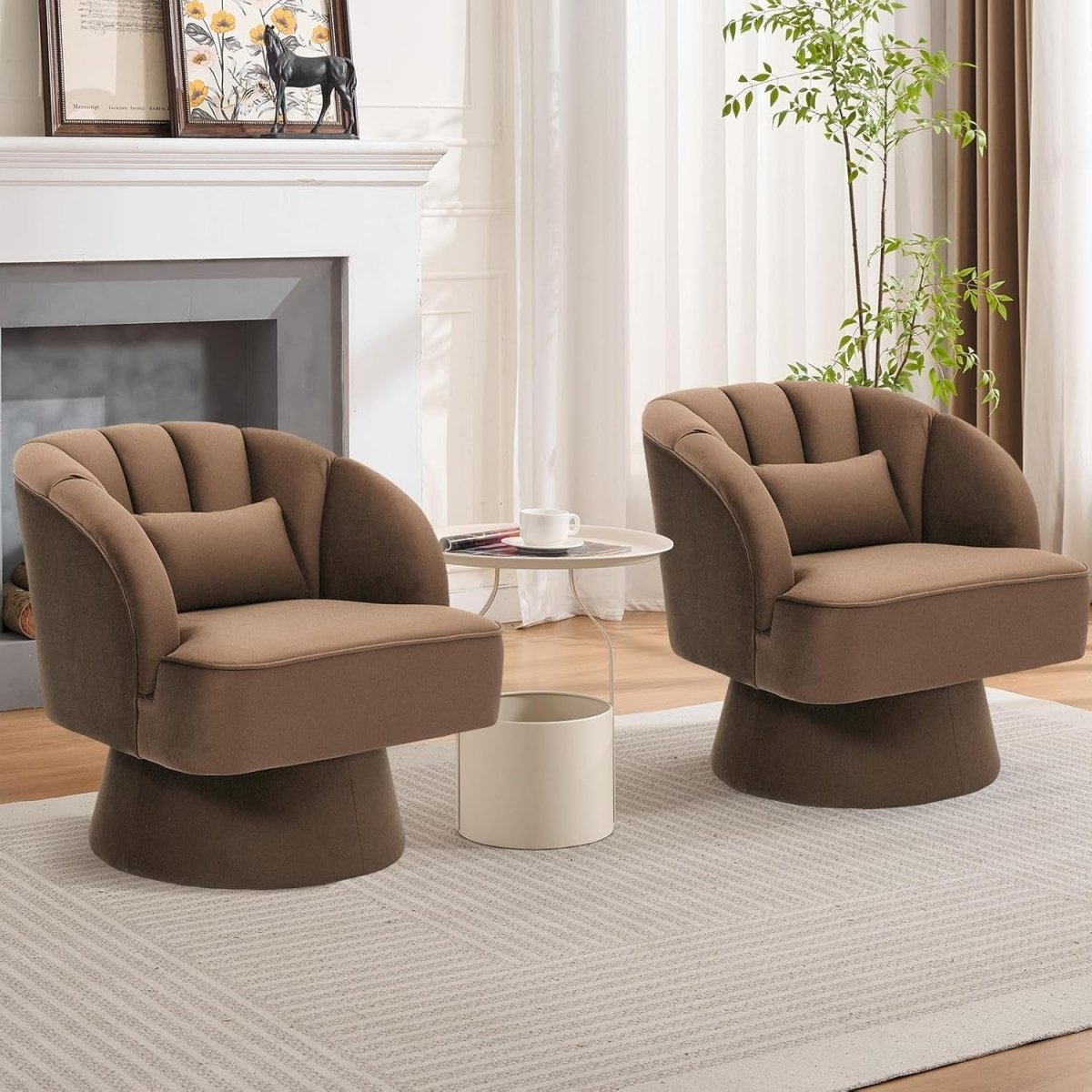 Velvet Swivel Accent Chair 360° Barrel Armchair Coffee Brown - Kwikley