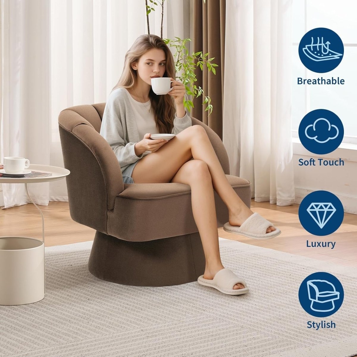 Velvet Swivel Accent Chair 360° Barrel Armchair Coffee Brown - Kwikley