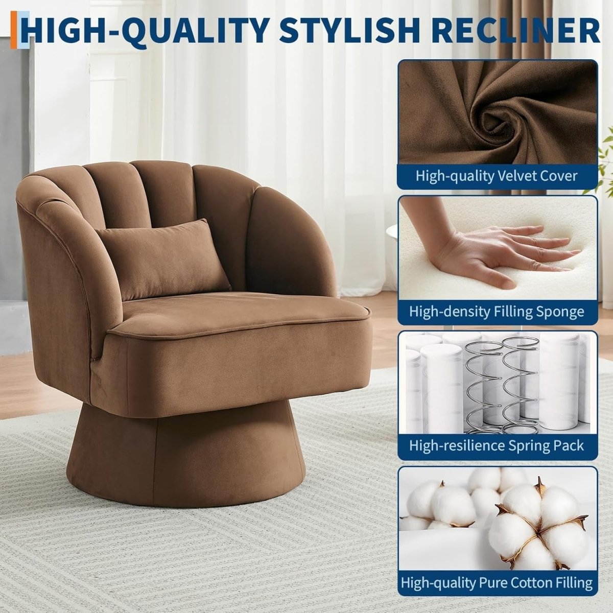 Velvet Swivel Accent Chair 360° Barrel Armchair Coffee Brown - Kwikley