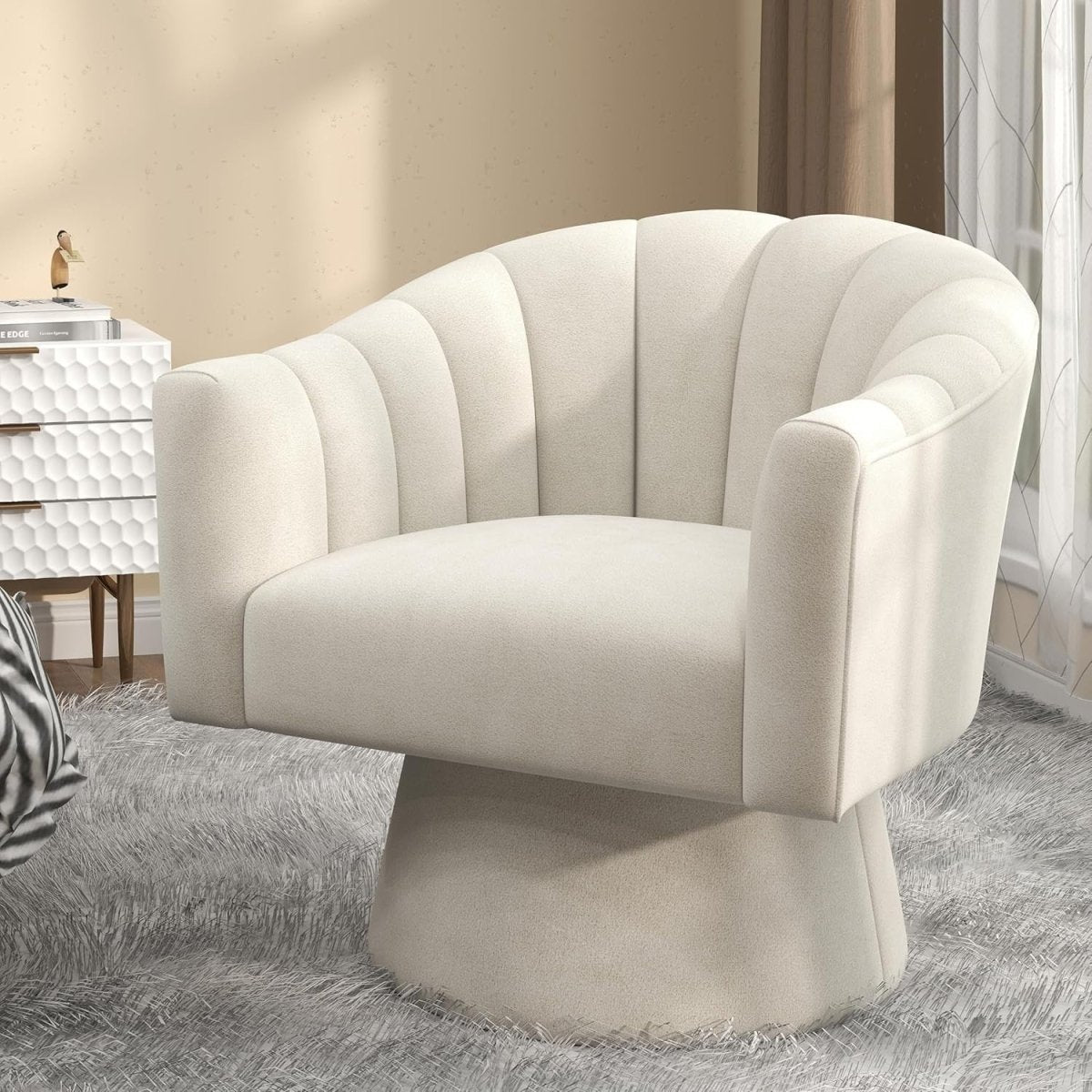 Velvet Swivel Accent Chair 360° Barrel Armchair Living Room Office Beige - Kwikley