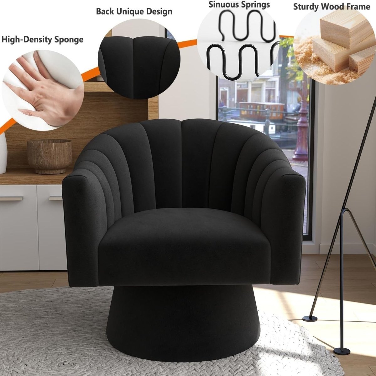 Velvet Swivel Accent Chair 360° Barrel Armchair Mid-Century Modern Seat - Kwikley