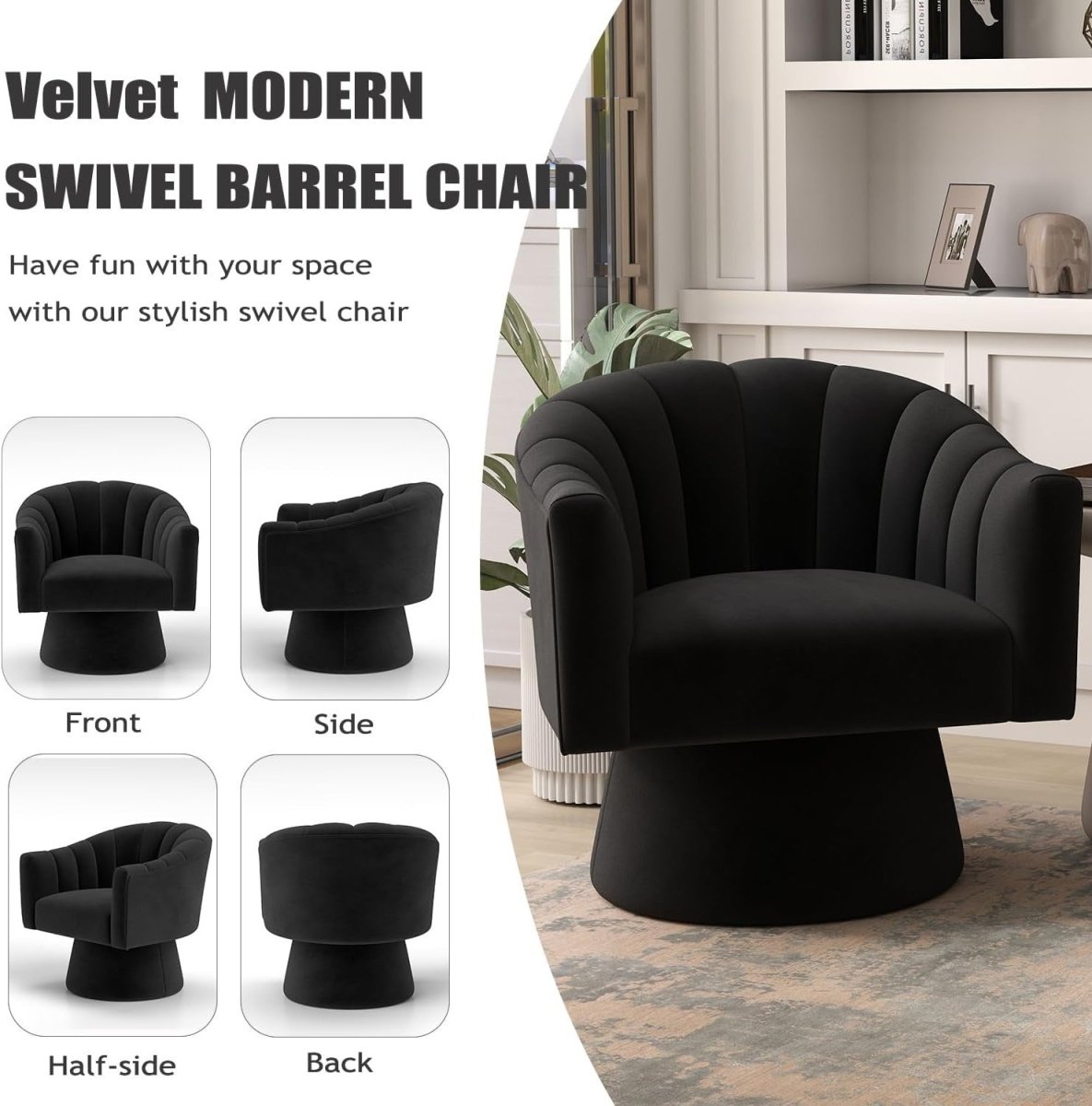 Velvet Swivel Accent Chair 360° Barrel Armchair Mid-Century Modern Seat - Kwikley