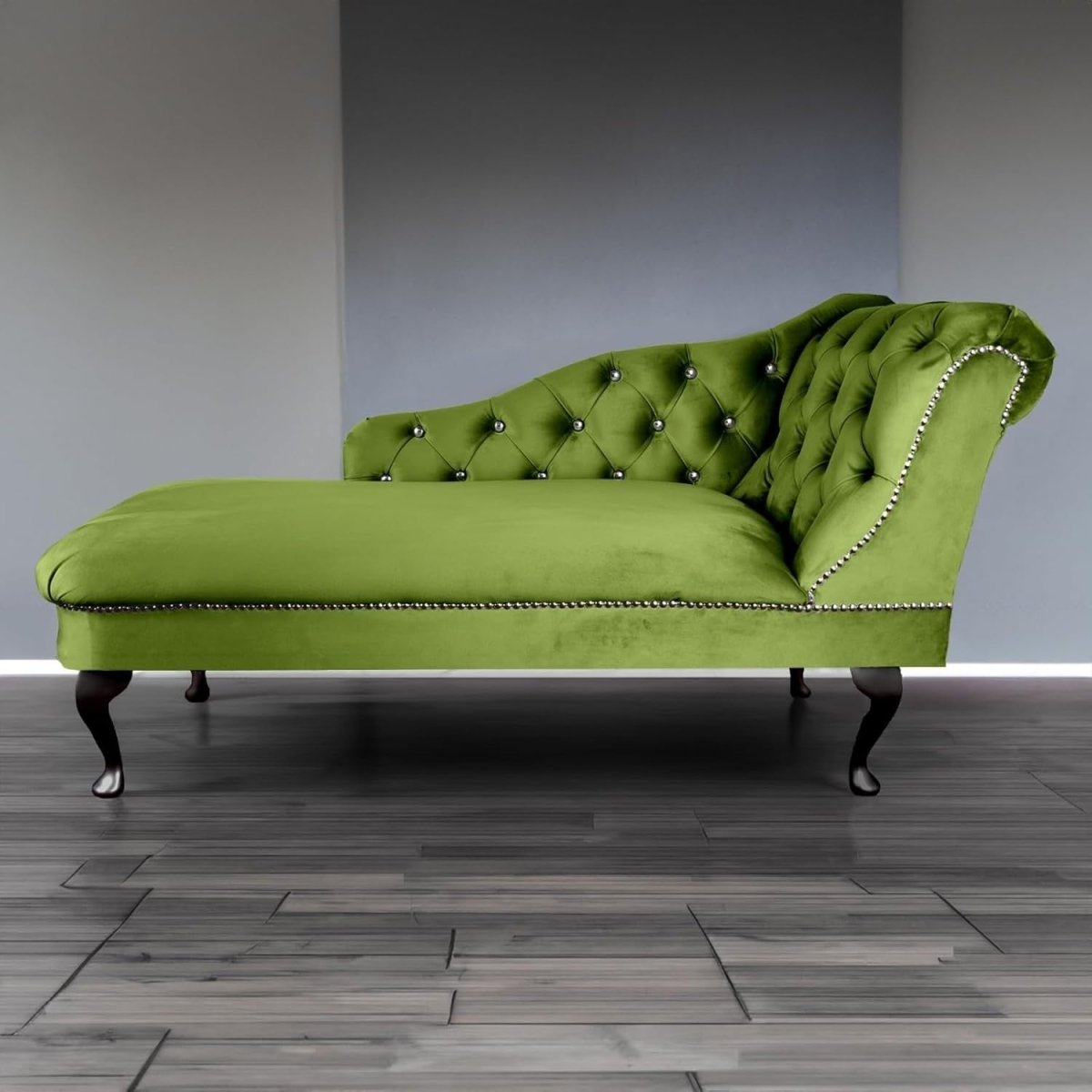 Velvet Tufted Chaise Lounge Sofa Right Hand Olive Accent Chair 133cm. - Kwikley