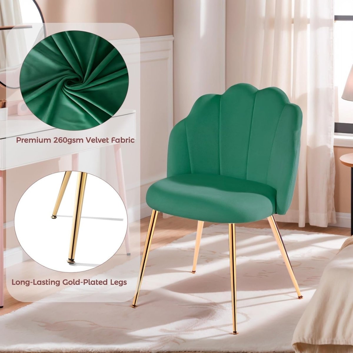 Velvet Vanity Accent Chair Gold Legs Makeup Desk Chair Green - Kwikley