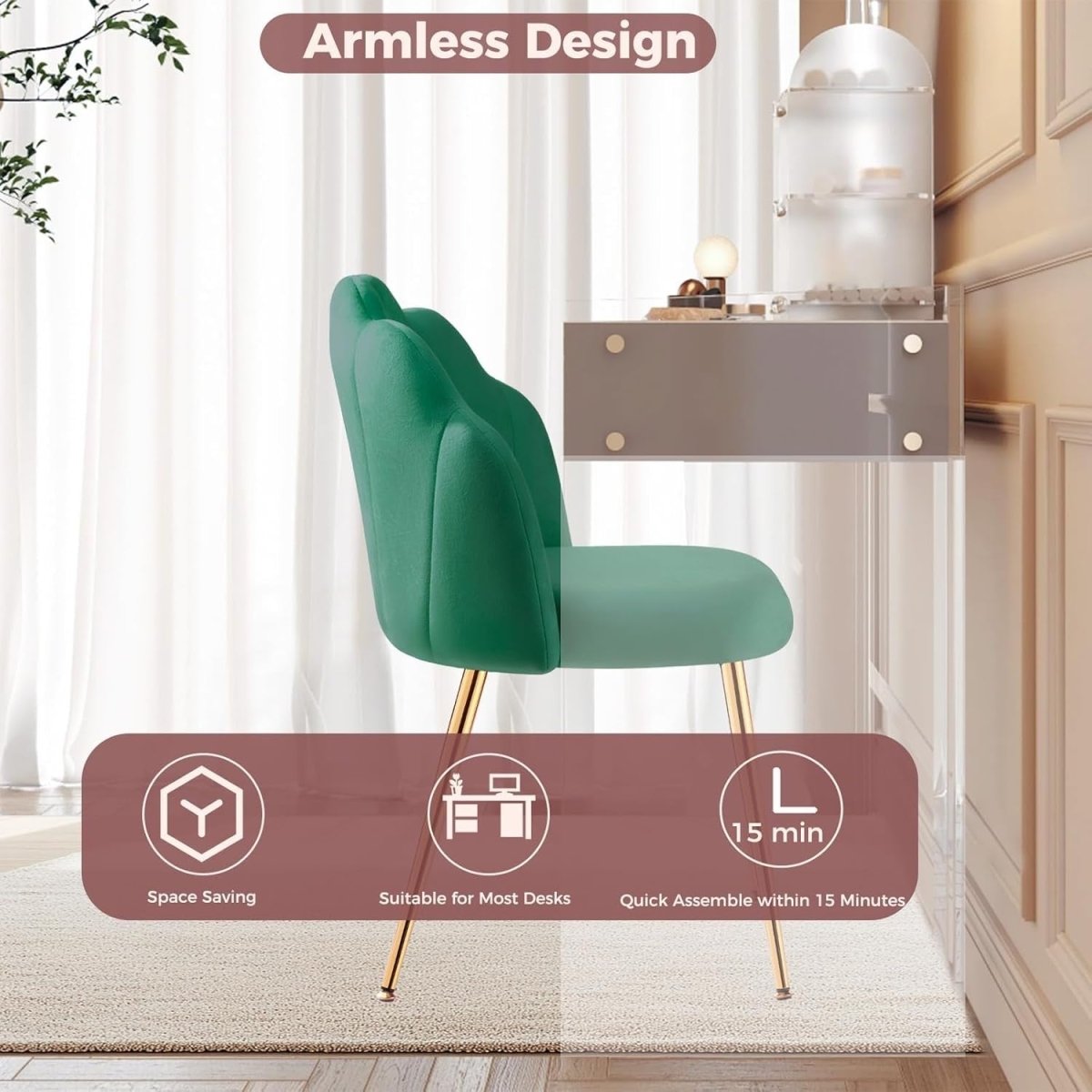 Velvet Vanity Accent Chair Gold Legs Makeup Desk Chair Green - Kwikley