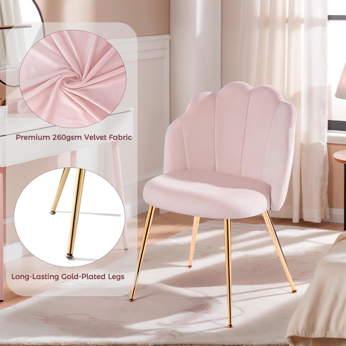 Velvet Vanity Accent Chair Gold Legs Makeup Desk Chair Pink - Kwikley
