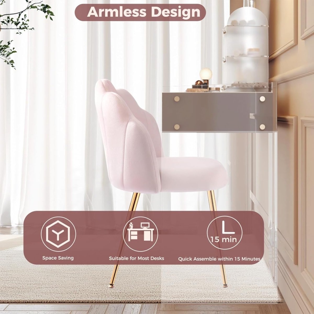 Velvet Vanity Accent Chair Gold Legs Makeup Desk Chair Pink - Kwikley
