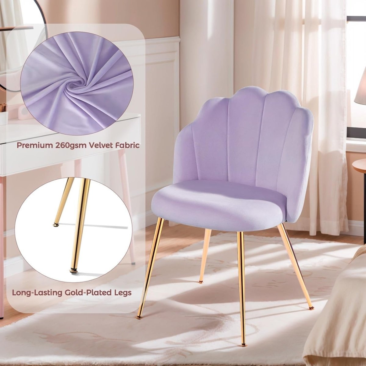 Velvet Vanity Accent Chair Gold Legs Makeup Desk Chair Purple - Kwikley