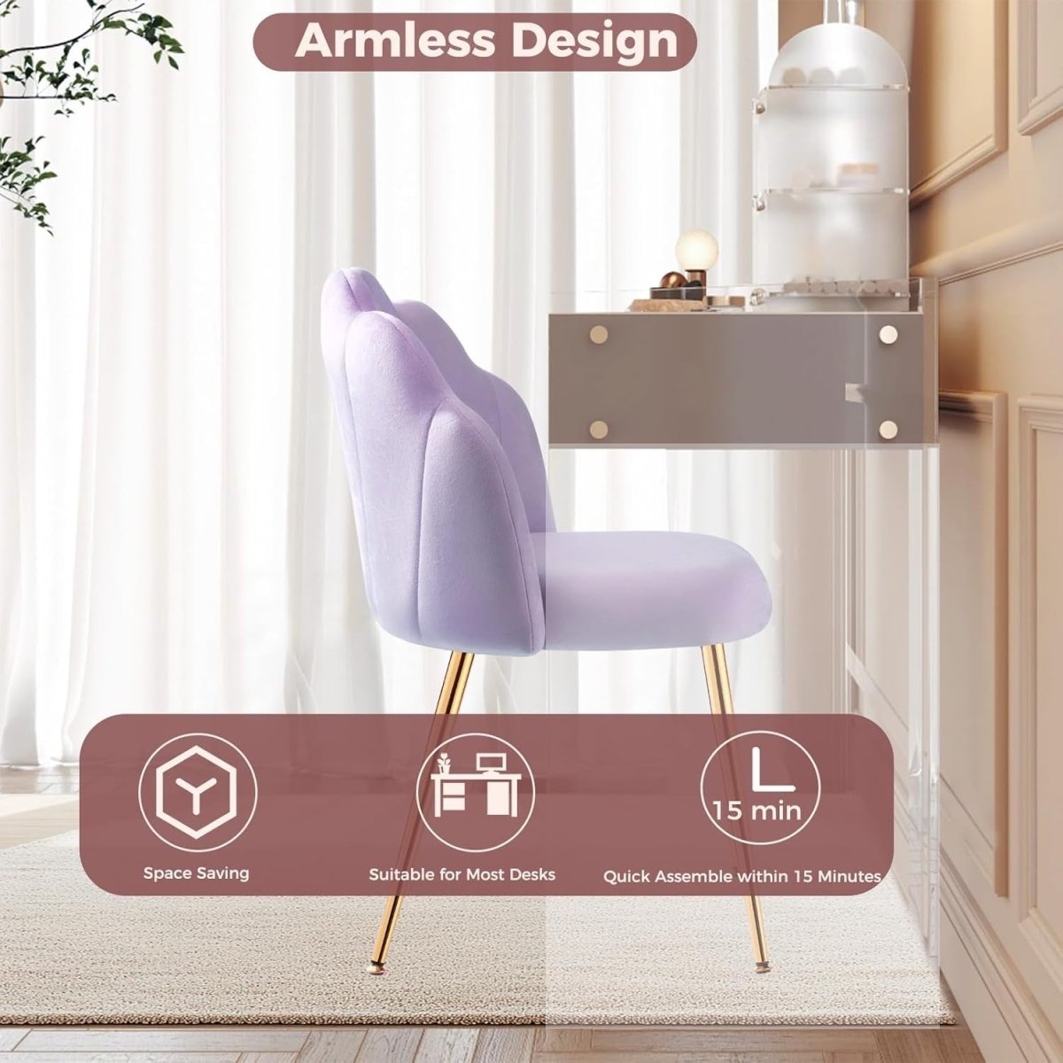 Velvet Vanity Accent Chair Gold Legs Makeup Desk Chair Purple - Kwikley