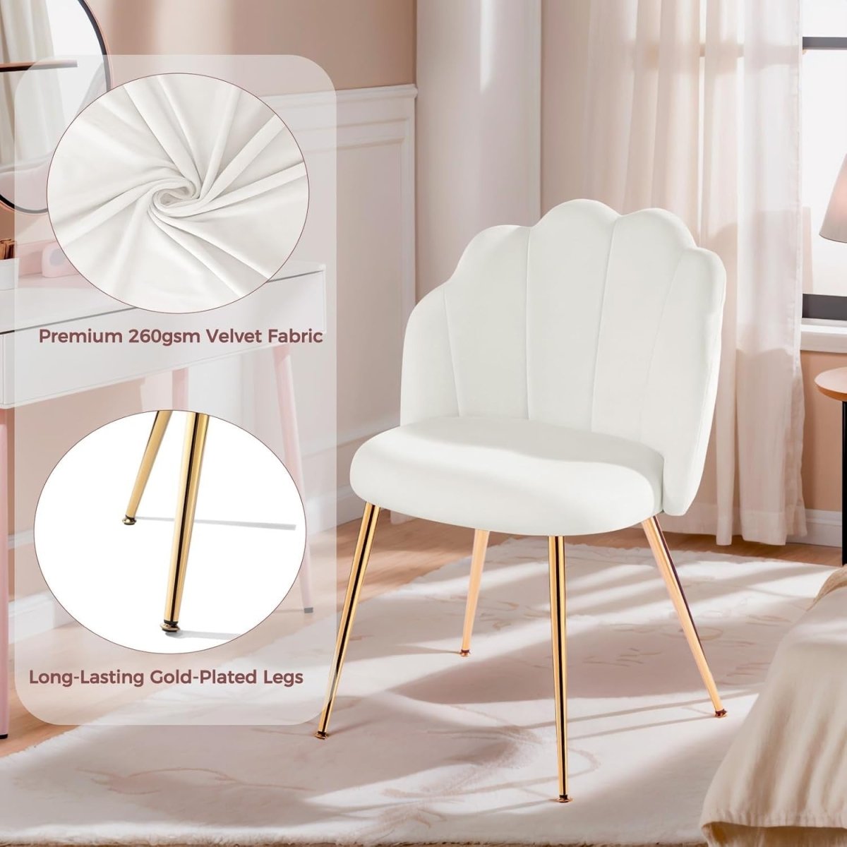 Velvet Vanity Accent Chair Gold Legs Makeup Desk Chair White - Kwikley