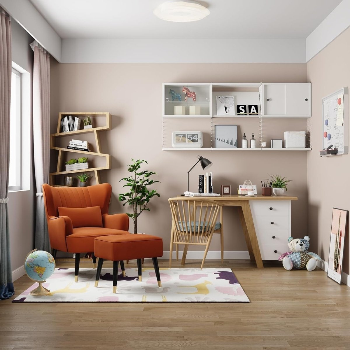 Velvet Wing Back Accent Chair & Footstool Orange Lounge Armchair - Kwikley