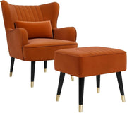 Velvet Wing Back Accent Chair & Footstool Orange Lounge Armchair - Kwikley