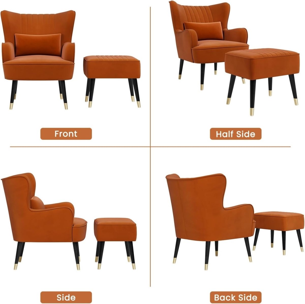 Velvet Wing Back Accent Chair & Footstool Orange Lounge Armchair - Kwikley
