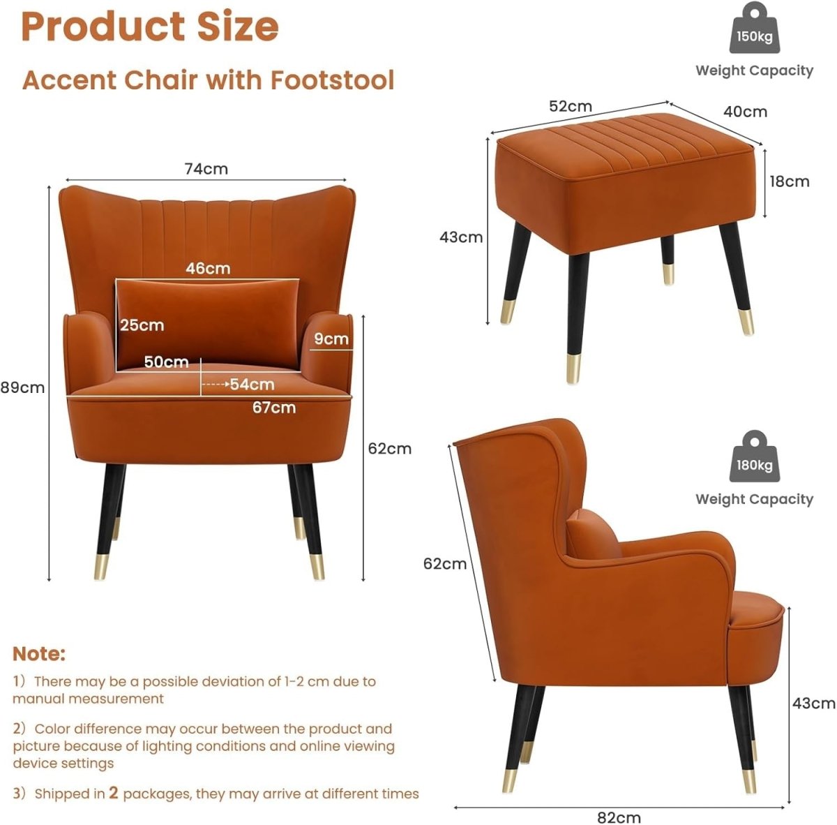 Velvet Wing Back Accent Chair & Footstool Orange Lounge Armchair - Kwikley
