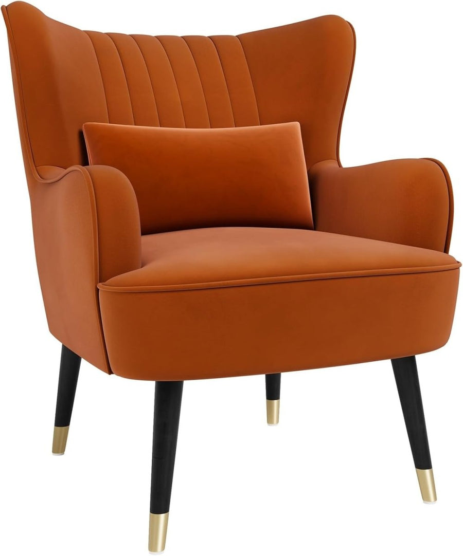 Velvet Wing Back Accent Chair Orange Lounge Armchair w Cushion - Kwikley