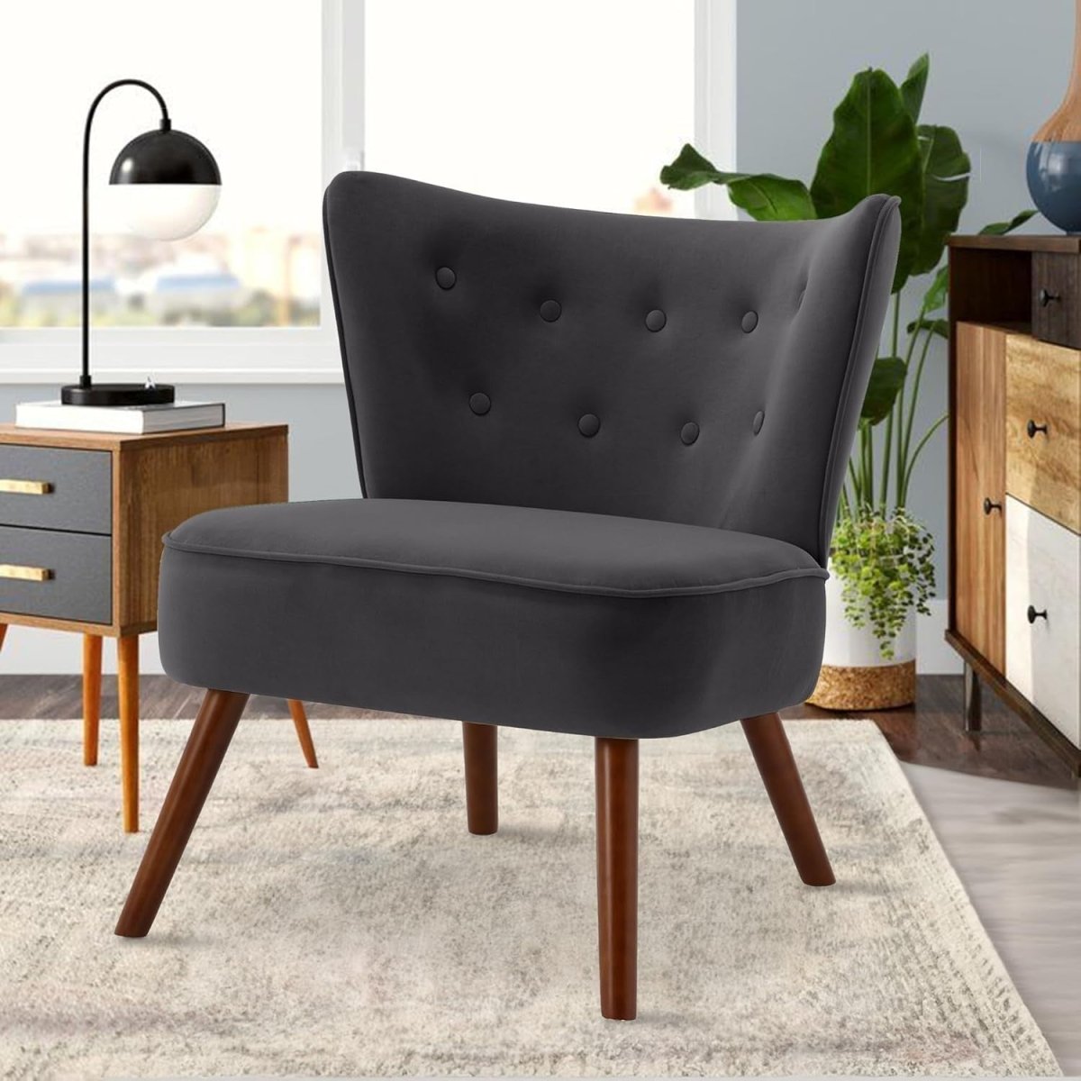 Velvet Wingback Accent Chair High Back Armchair Padded Seat Lounge Grey - Kwikley