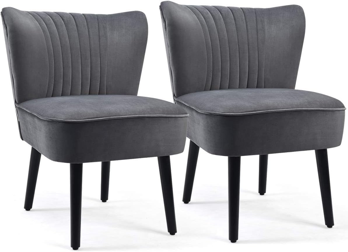 Velvet Wingback Accent Chairs Set of 2 Grey Lounge Seats - Kwikley
