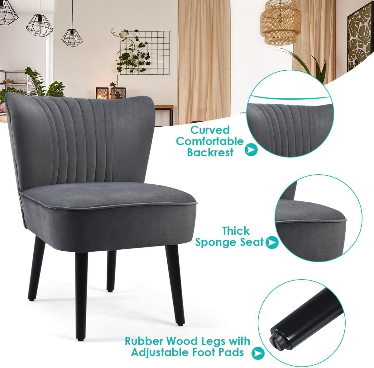 Velvet Wingback Accent Chairs Set of 2 Grey Lounge Seats - Kwikley