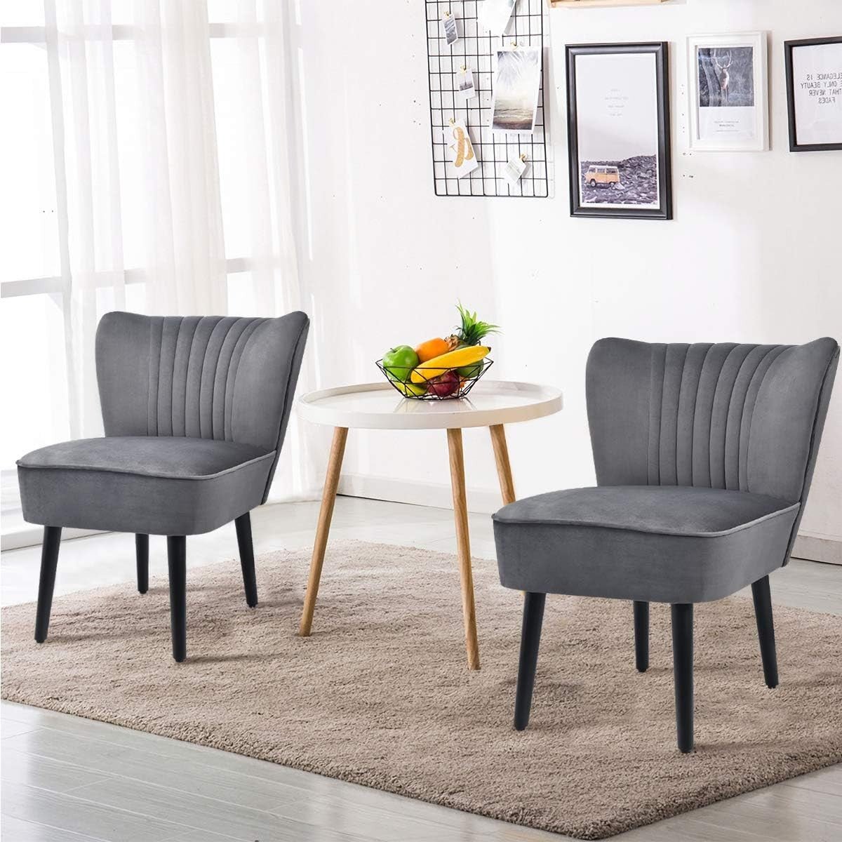 Velvet Wingback Accent Chairs Set of 2 Grey Lounge Seats - Kwikley