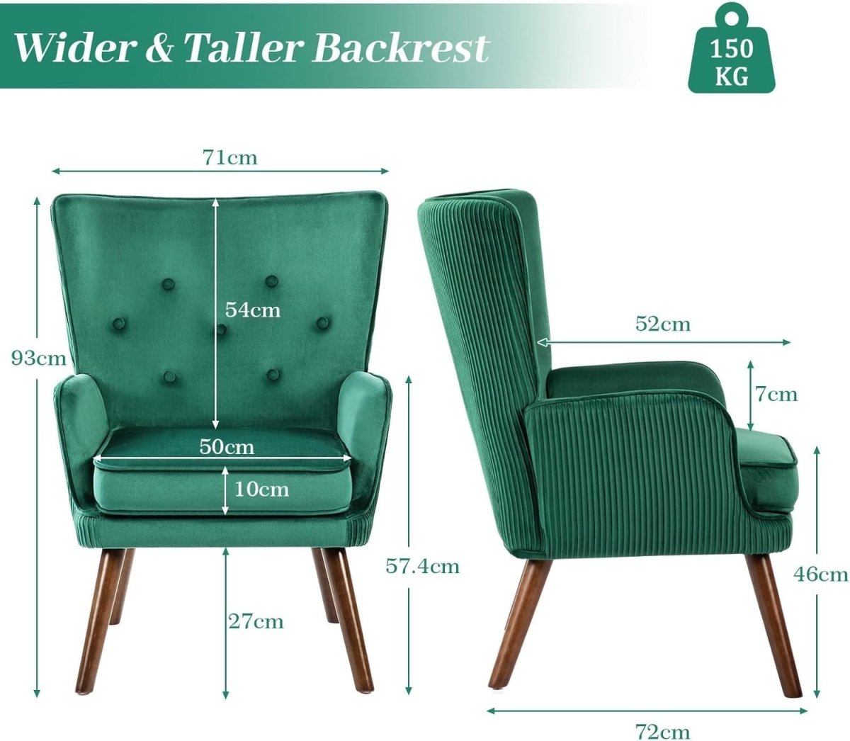 Velvet Wingback Armchair Green Accent Chair Living Room Sofa Tub Seat - Kwikley