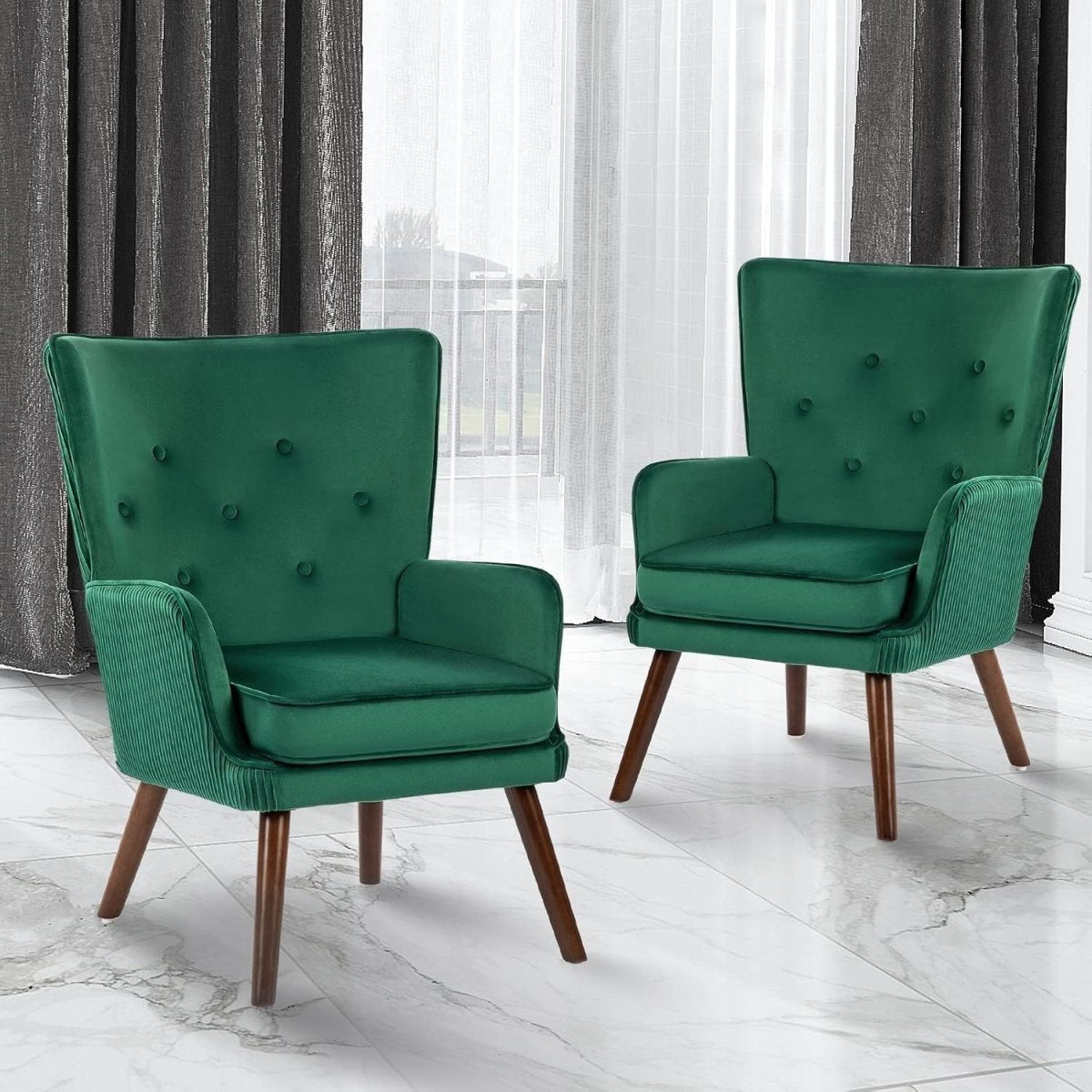 Velvet Wingback Armchair Green Accent Chair Living Room Sofa Tub Seat - Kwikley