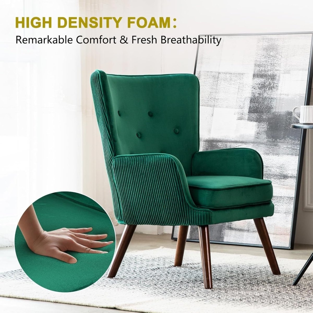 Velvet Wingback Armchair Green Accent Chair Living Room Sofa Tub Seat - Kwikley