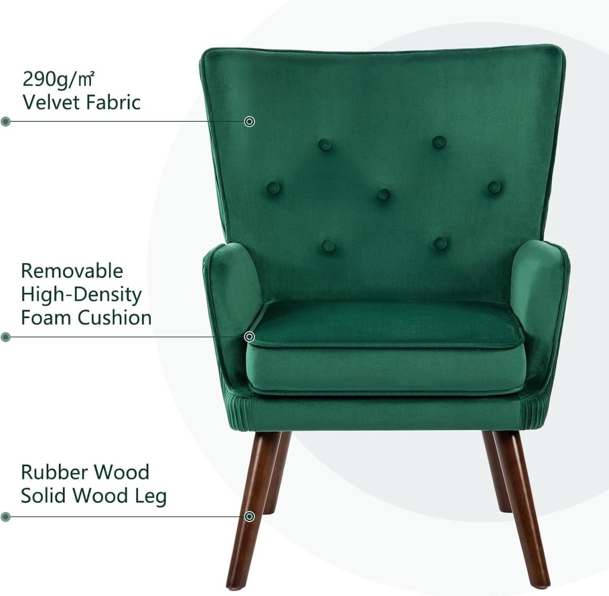 Velvet Wingback Armchair Green Accent Chair Living Room Sofa Tub Seat - Kwikley
