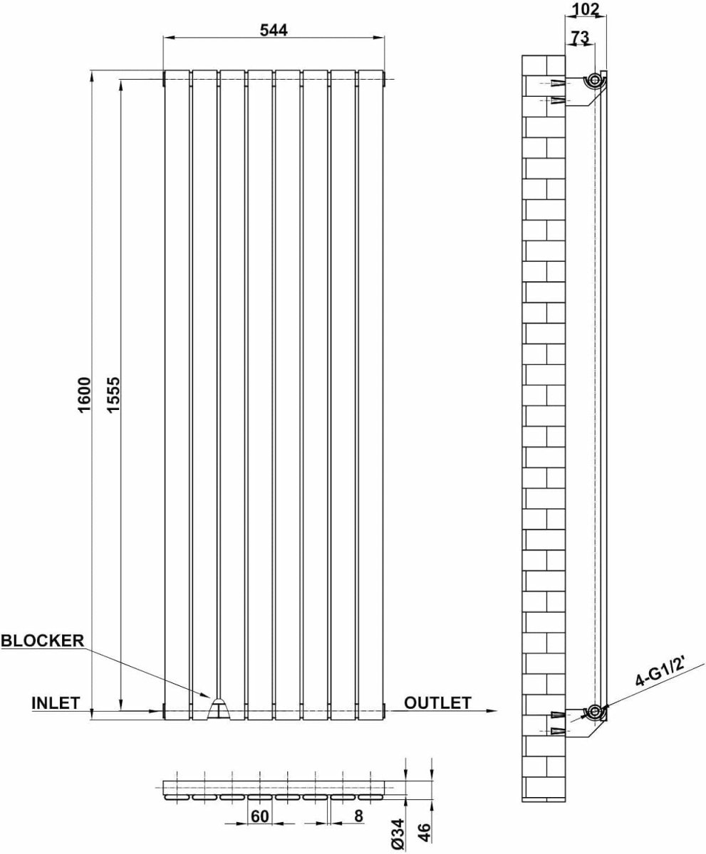 Vertical Anthracite Radiator 1600x544mm Flat Panel Modern Home Heater - Kwikley