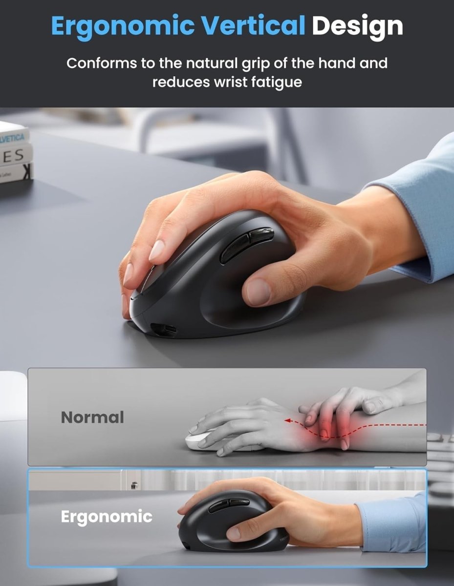 Vertical Bluetooth Wireless Mouse 4800 DPI Rechargeable Silent Black - Kwikley