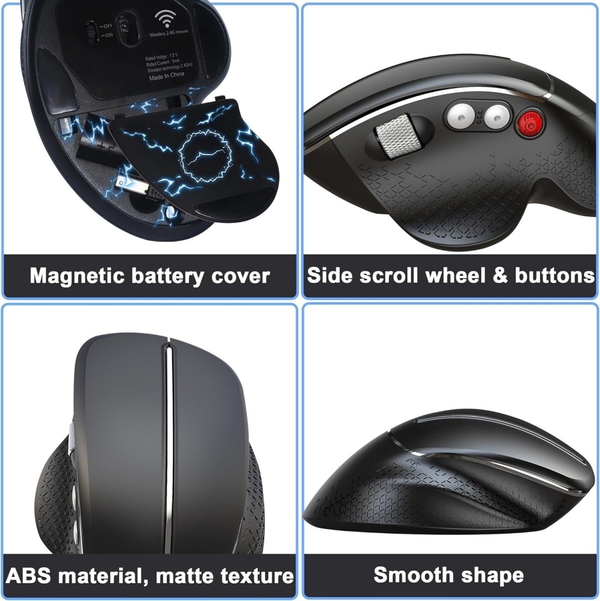 Vertical Ergonomic Wireless Mouse 2.4GHz 6 Buttons Side Scroll - Kwikley