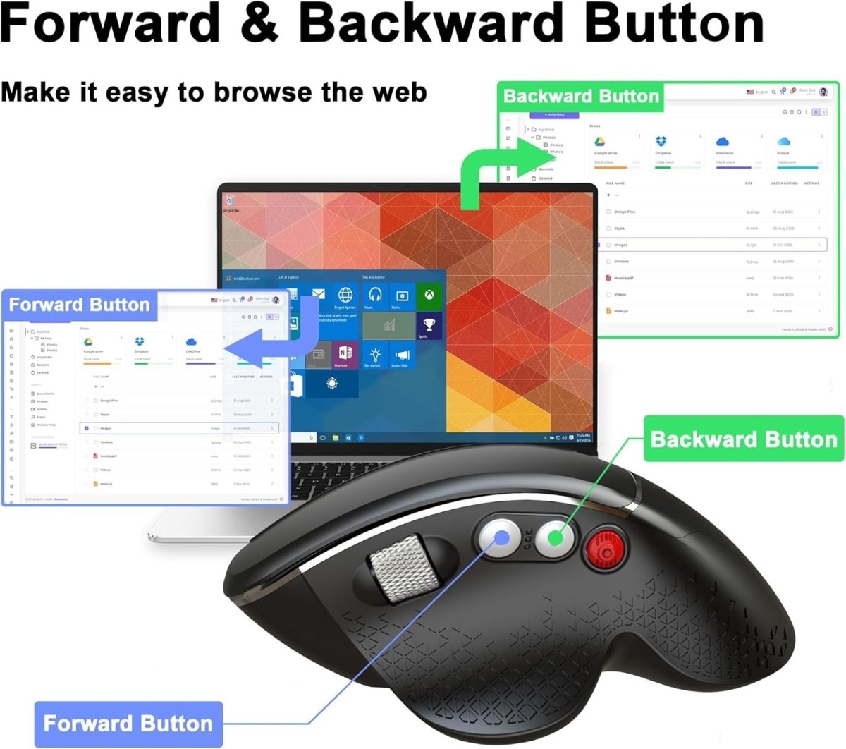 Vertical Ergonomic Wireless Mouse 2.4GHz 6 Buttons Side Scroll - Kwikley