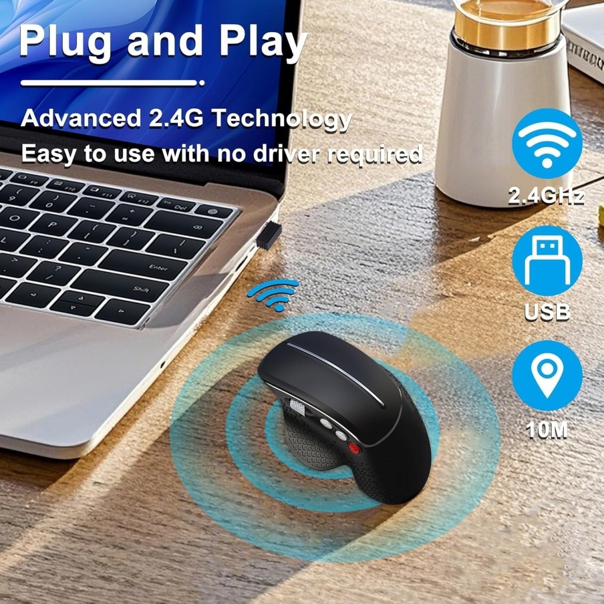 Vertical Ergonomic Wireless Mouse 2.4GHz 6 Buttons Side Scroll - Kwikley